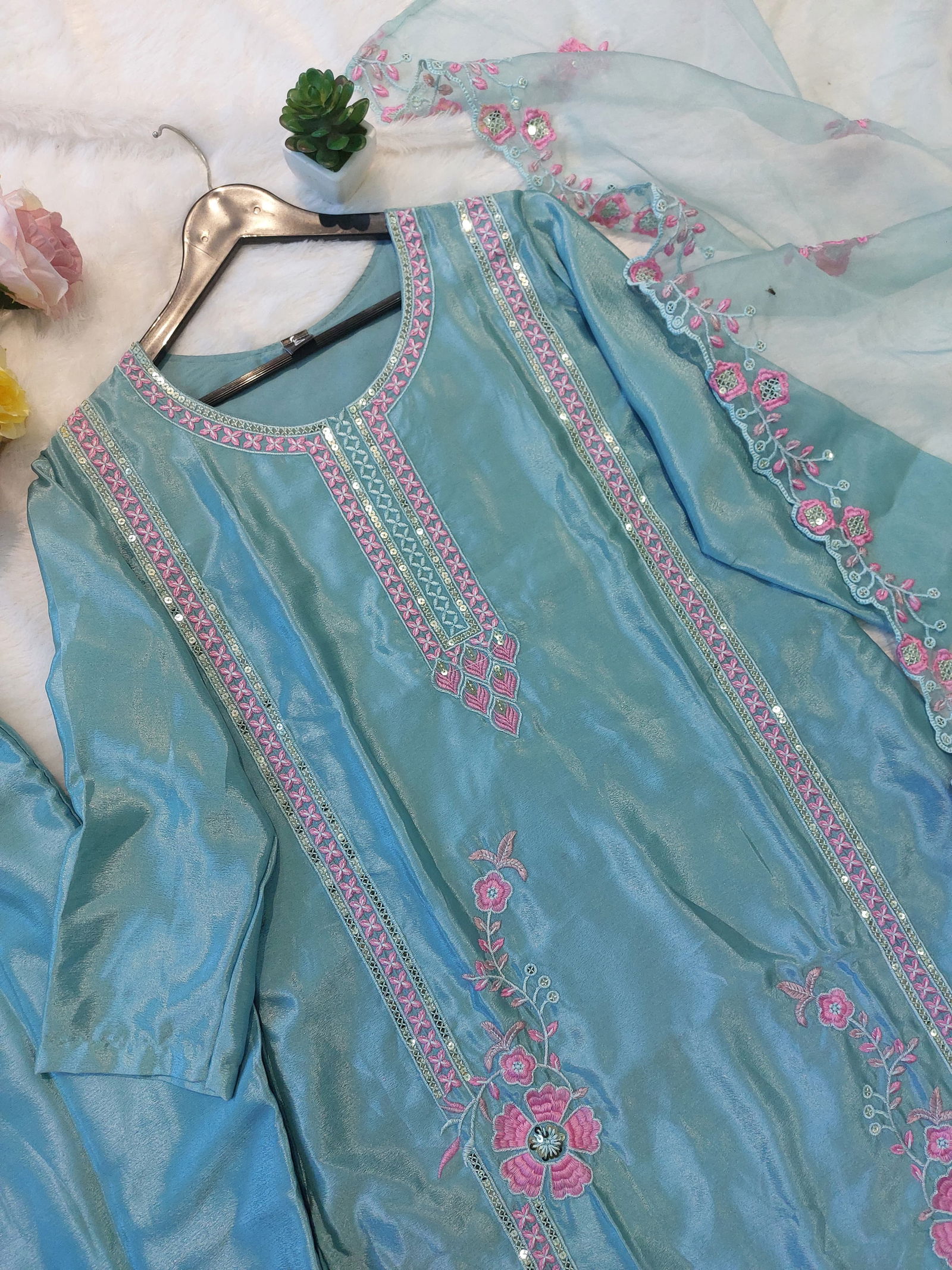 Keshav Chinon Embroidery Kurti With Bottom Dupatta Wholesale Price in Surat